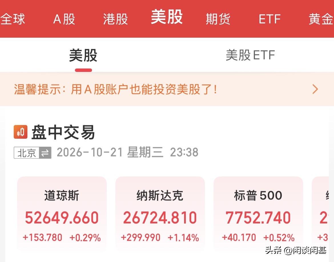 大A明天涨不涨，美股集体拉升！纳斯达克指数已经涨幅1.1%了，存储芯片上涨、光通