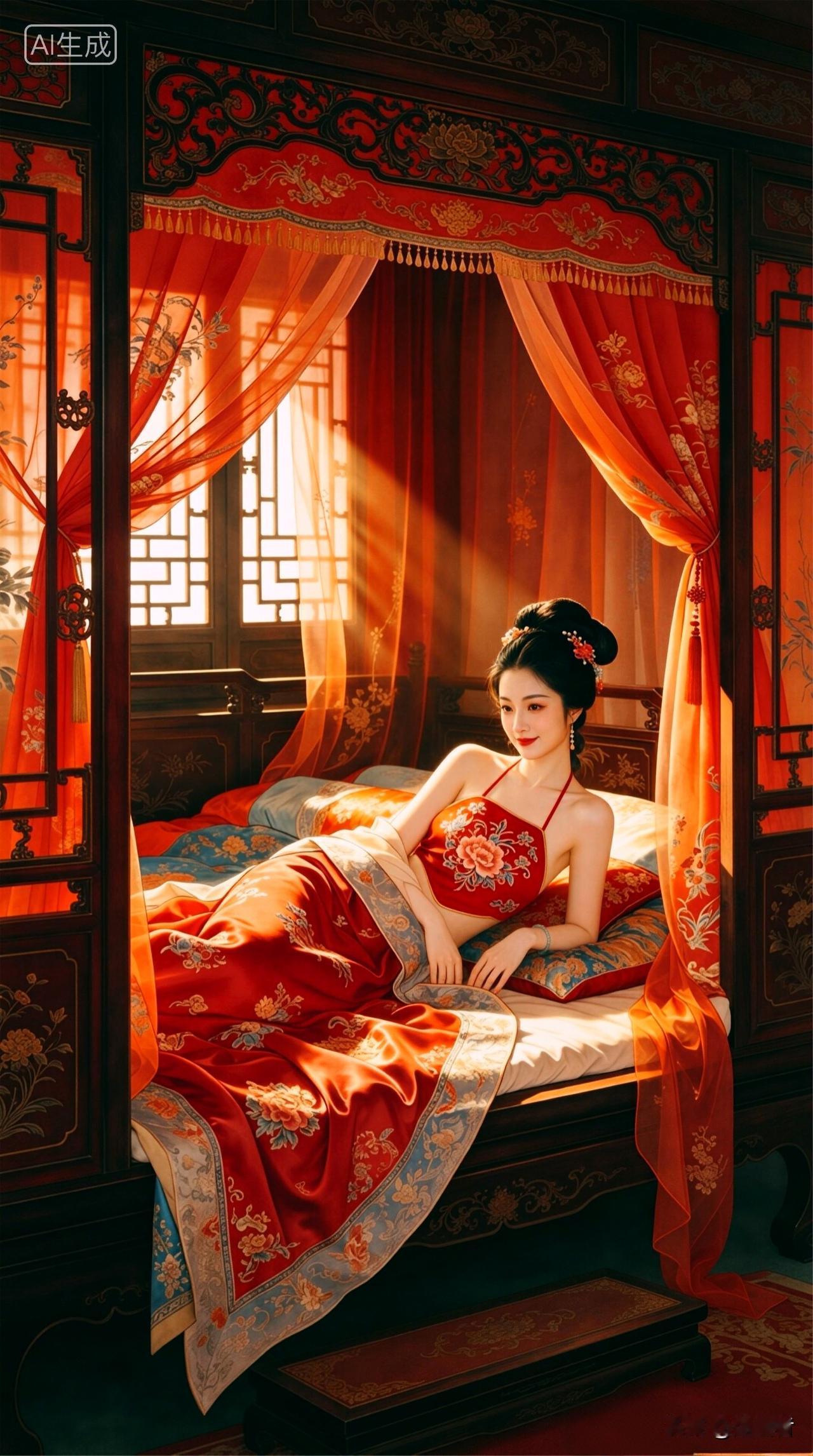 记录我的2026明代闺中女娇娘，红被暖阳懒倚床。