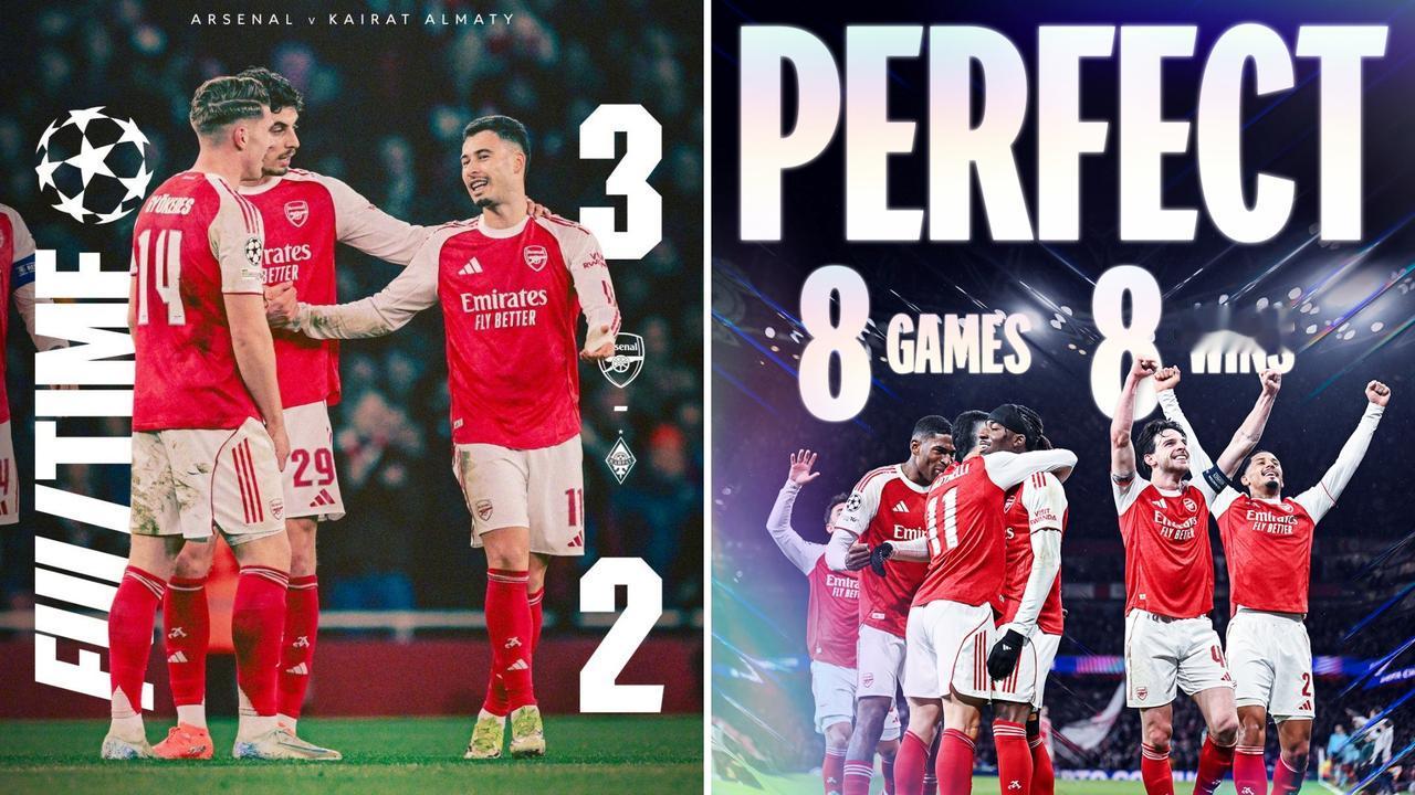 英超：阿森纳主场3-2击败阿拉木图凯拉特，8战全胜直通16强。
哈弗茨与约克雷斯