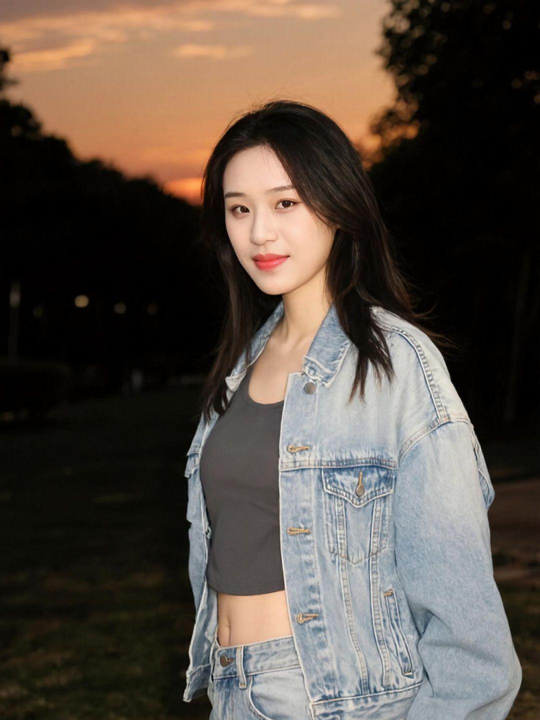 夕阳的余晖洒在牛仔外套上，仿佛为平凡的日常镀上了一层金色的滤镜。街头的晚风轻轻拂