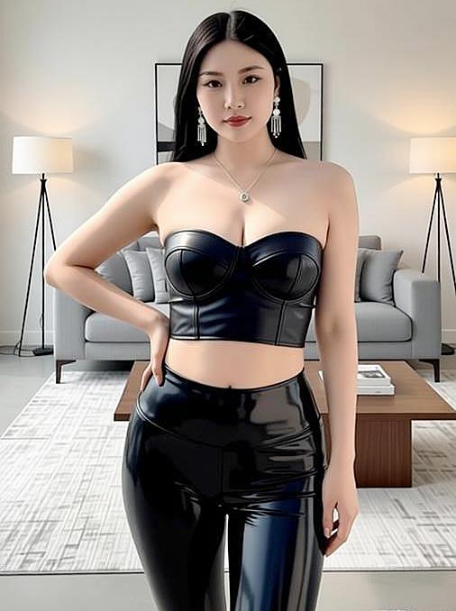 小姐姐实在太养眼了，利落黑长直衬得身姿愈发挺拔，黑色皮质抹胸套装勾勒出流畅曲线，