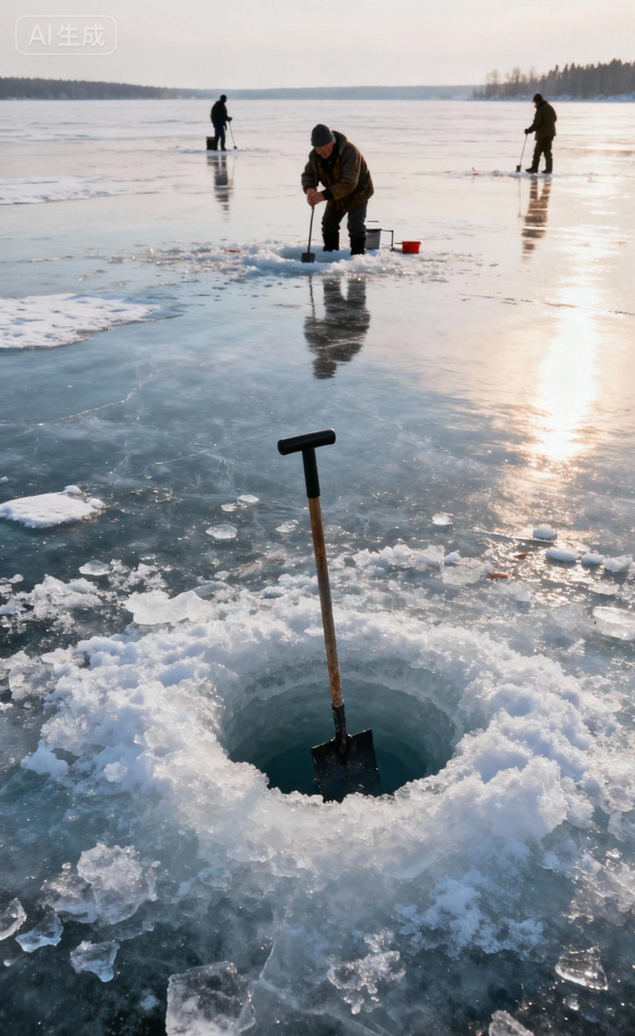 一张图证明冬天来了寒冷的冬天，几个人在广阔的湖面上凿冰取鱼。冰面在阳光的照射下泛