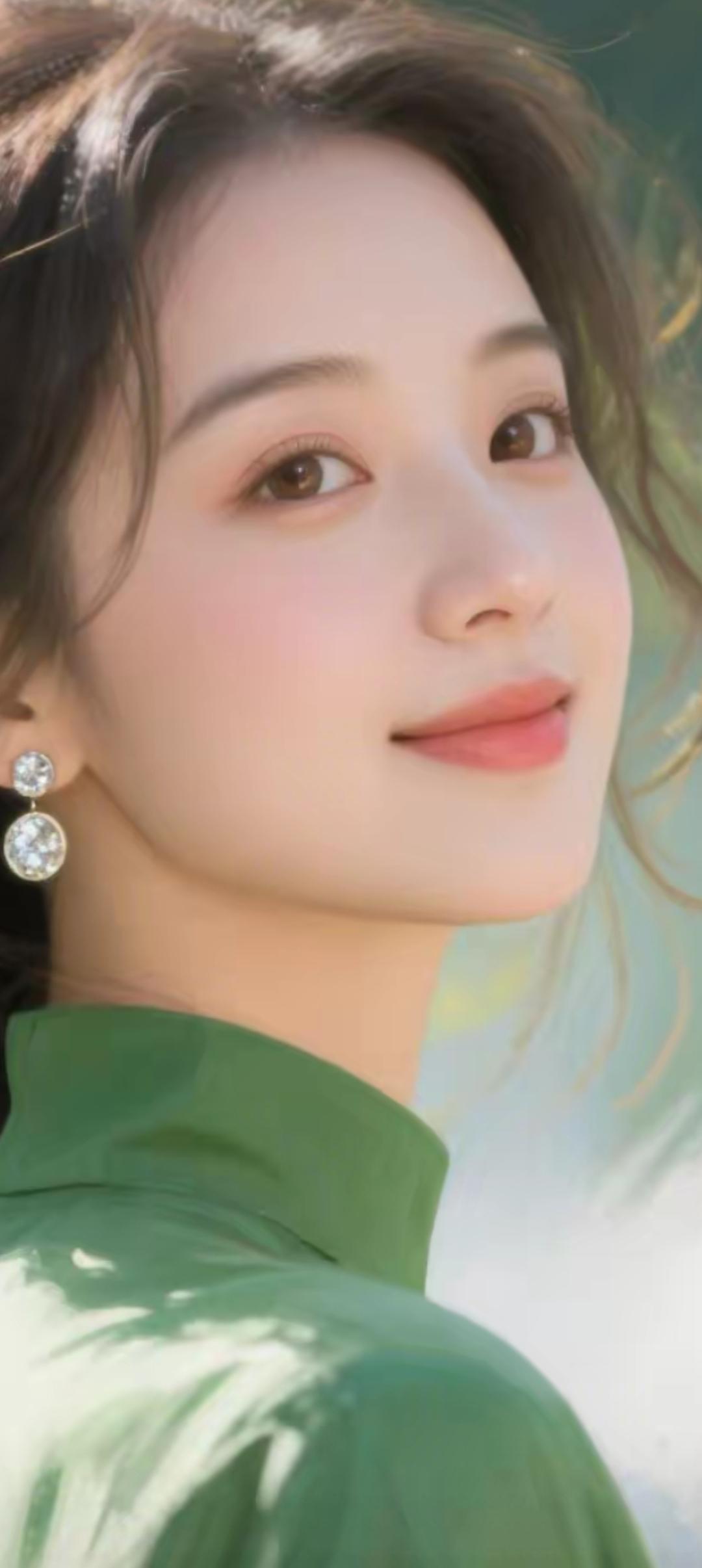 清新自然，微笑如春日暖阳，绿衣配饰，闪耀动人。