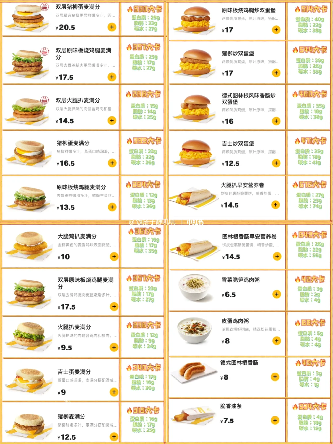 从麦当劳官网搬运的早餐热量表来咯‼️