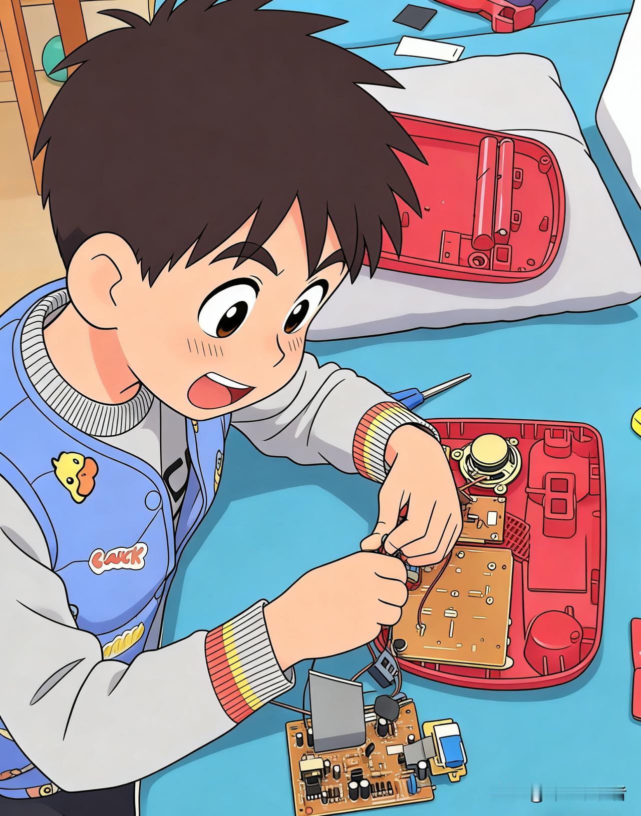 我这最小的外甥算一个，上了小学一年级后，喜欢拆卸小机器，前天这个零零散散的电话机