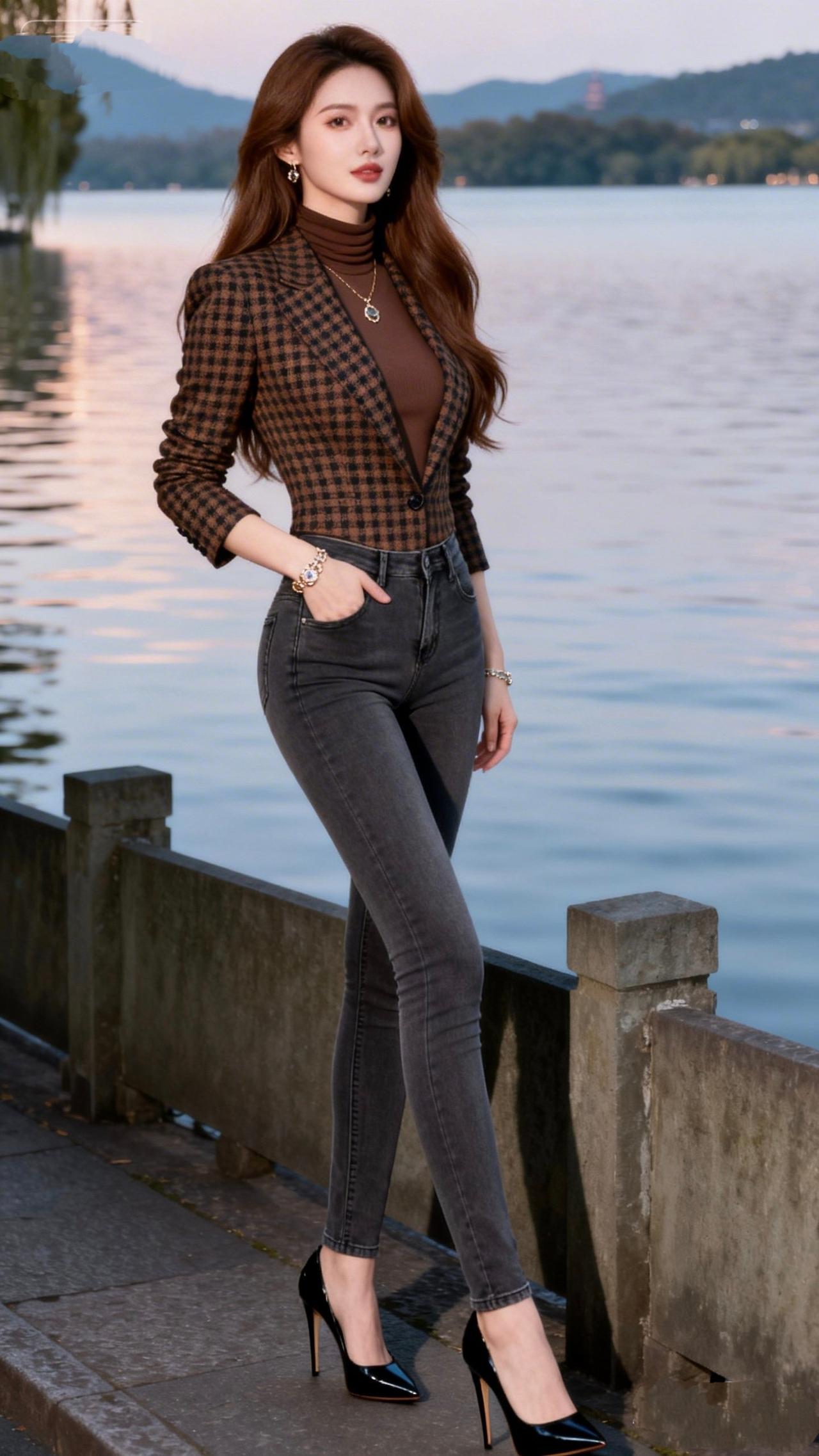 《湖岸晚风》
 
格纹收住锋芒，高领藏起温柔
你站在湖岸，像一幅
刚从画框里走出