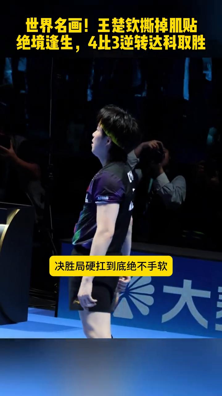 世界名画！王楚钦撕掉肌贴，绝境逢生，4比3逆转达科取胜。
世界名画：王楚钦1：3