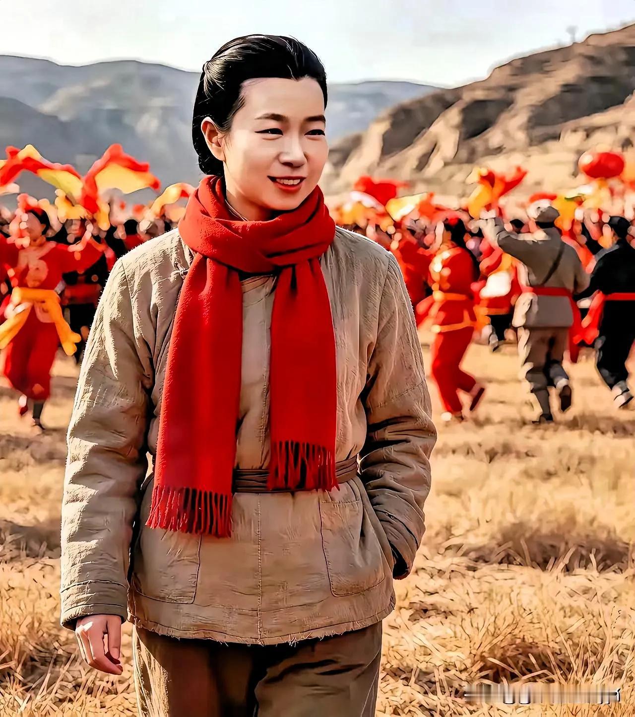 从这幅图的背景看，这是黄土高原，军民一起在扭秧歌。
其中女的都穿一身红衣服，手持