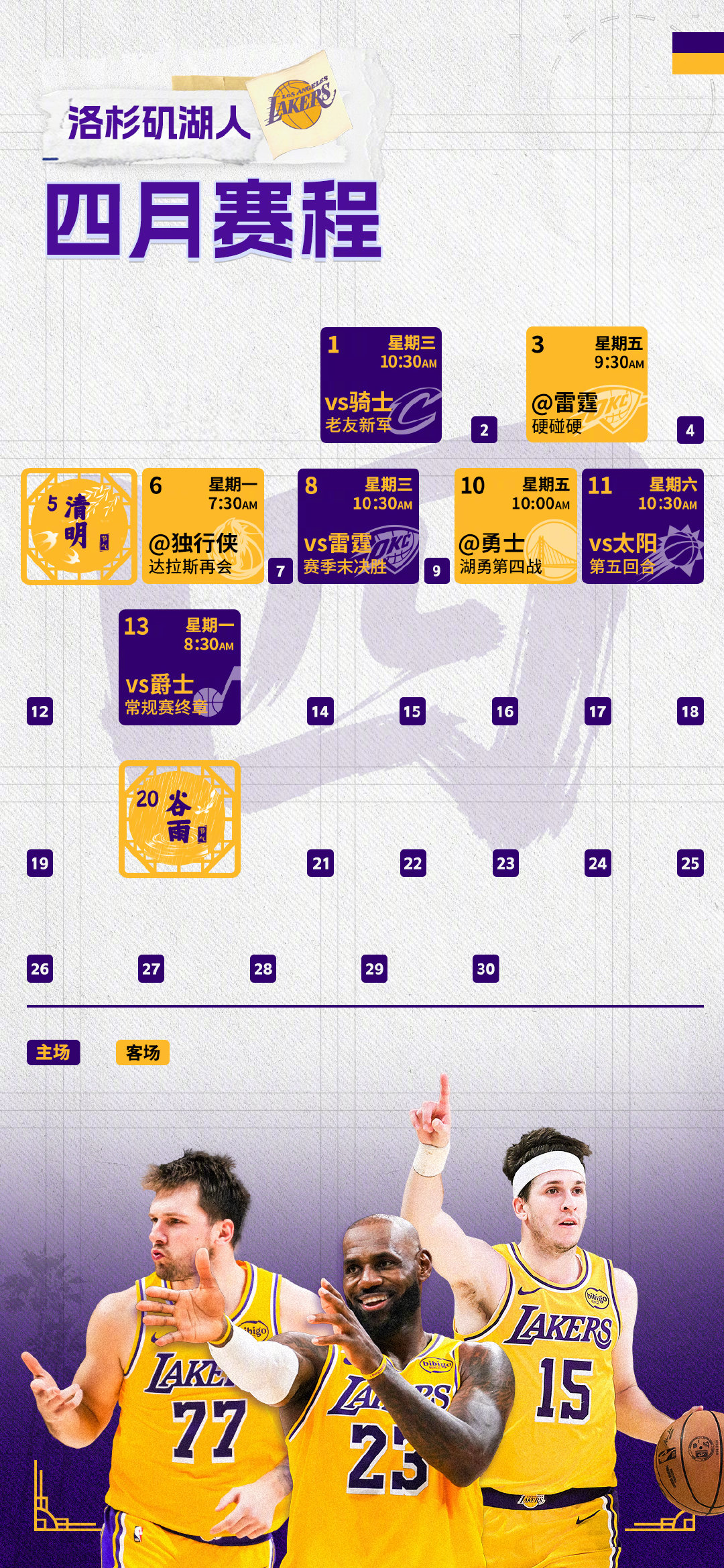 四月赛程壁纸新鲜出炉接下来我们也会更新季后赛赛程，敬请期待🙌湖人战胜奇才 湖人