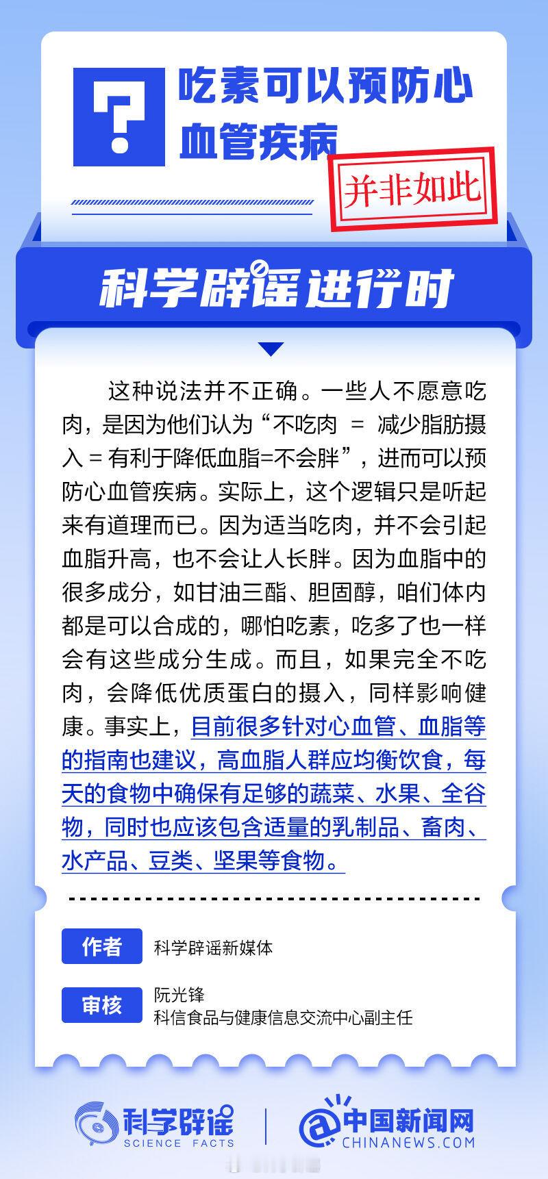 #科学辟谣进行时#【#吃素可以预防心血管疾病吗#？】适当吃肉，并不会引起血脂升高