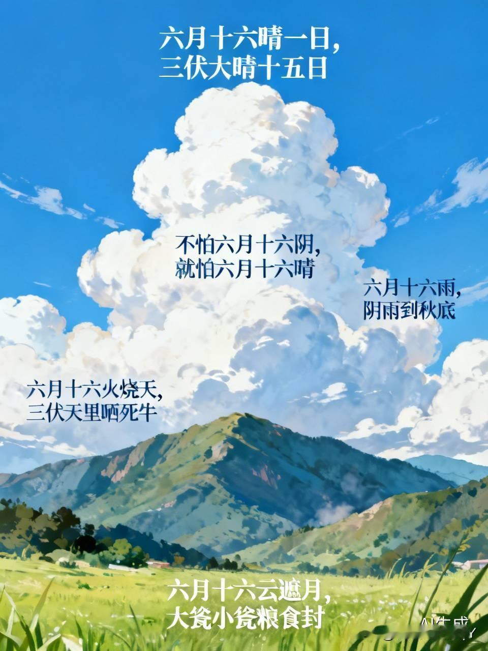 今天是六月十六民间俗语有
1. 不怕六月十六阴沉沉，就怕六月十六亮堂堂，这六月十