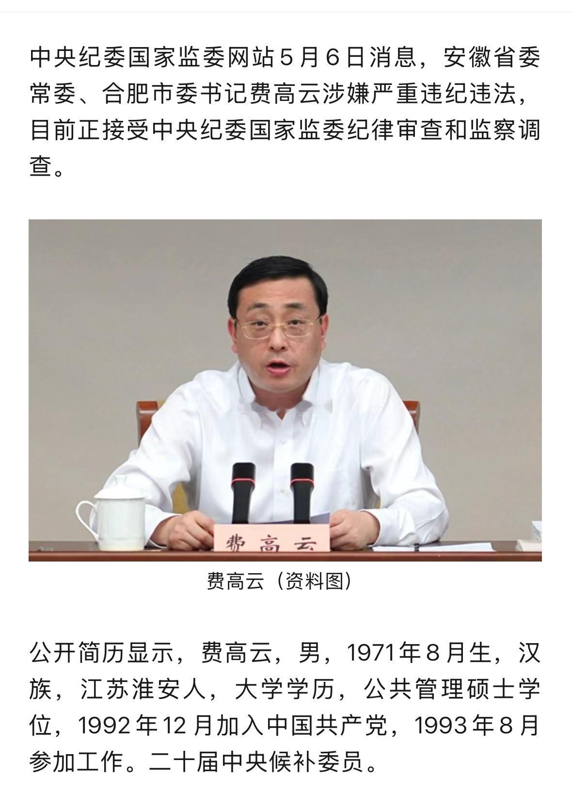 节后打虎！合肥市委书记费高云被查 