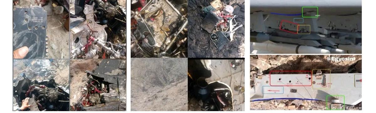 一架沙特阿拉伯空军的翼龙2无人机被击落后的残骸，该无人机在拜达被也门胡塞防空部队