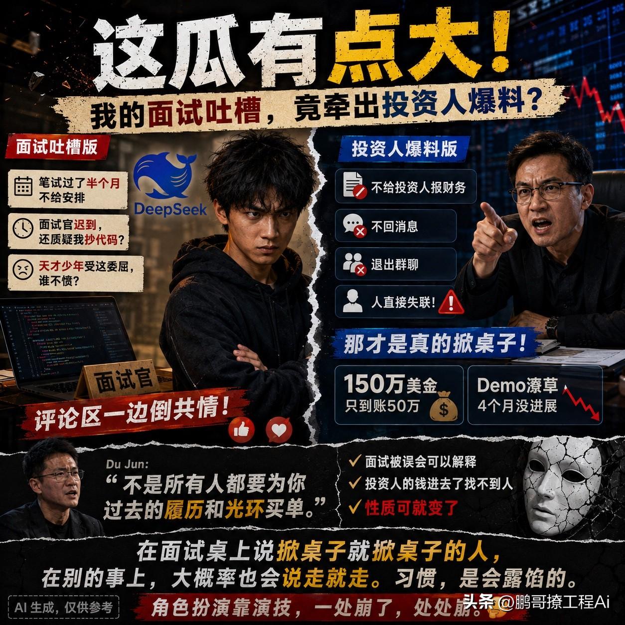 “曾经华为天才少年”这瓜吃的有点意思，本来是以求职者身份吐槽DeepSeek，结