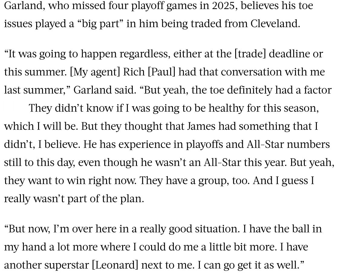 ▲加兰在采访中认为他的脚趾伤病问题是他被交易的重要原因之一 