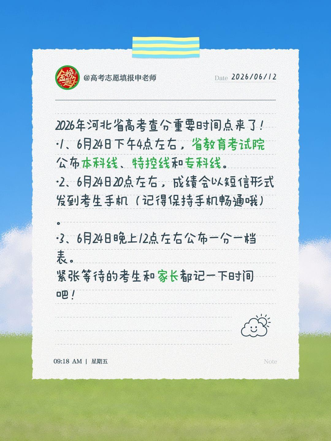 2026年河北省高考查分重要时间点来了！
·1、6月24日下午4点左右，省教育考
