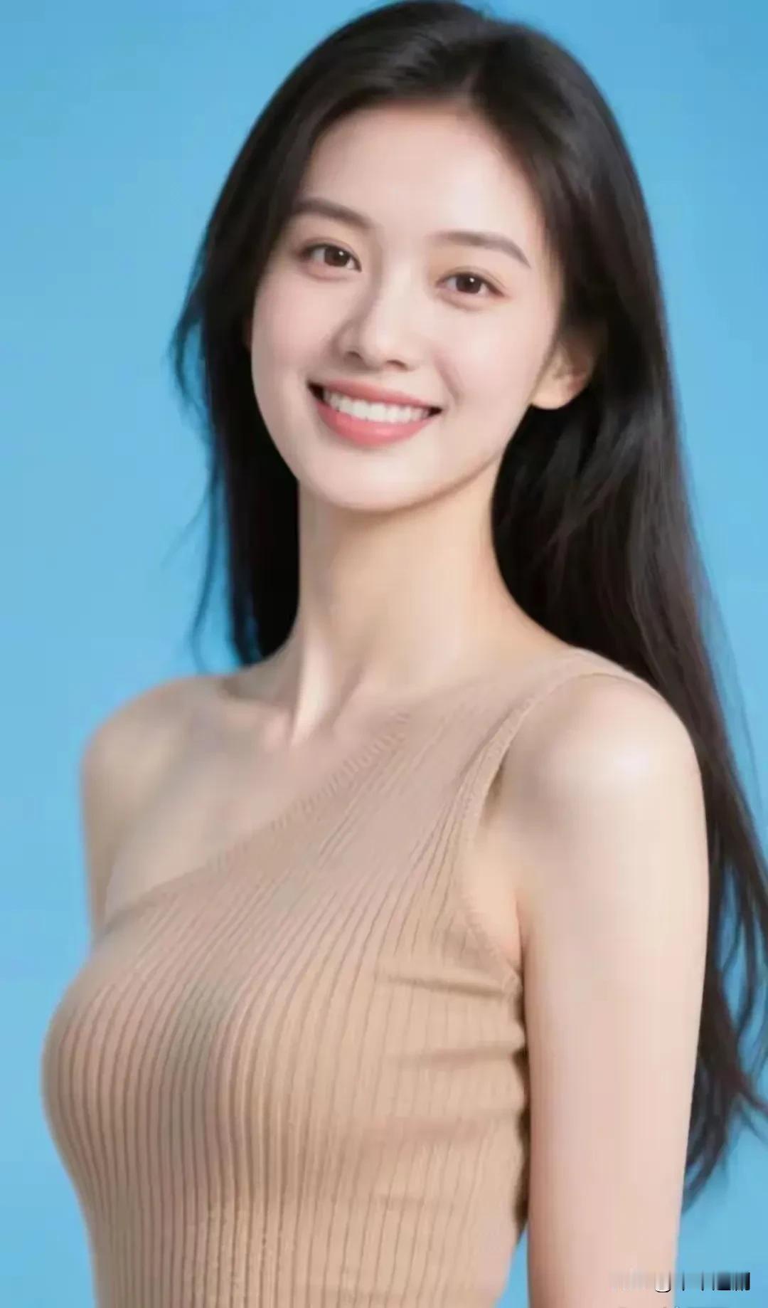 裸色针织裹着柔，黑发漫过肩颈的轻。笑眼弯时，连淡蓝背景都浸了点清甜的暖。
 
温