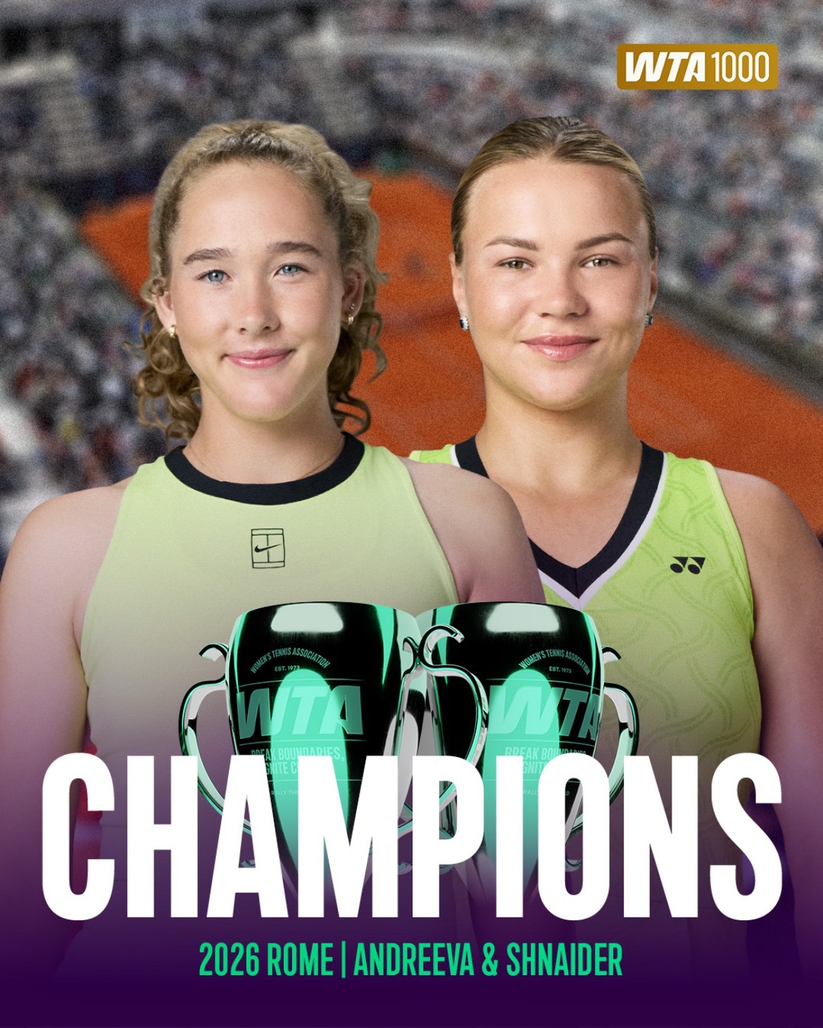 俄罗斯姐妹组合问鼎罗马女双冠军🏆WTA1000罗马站双打决赛，米拉·安德列娃/