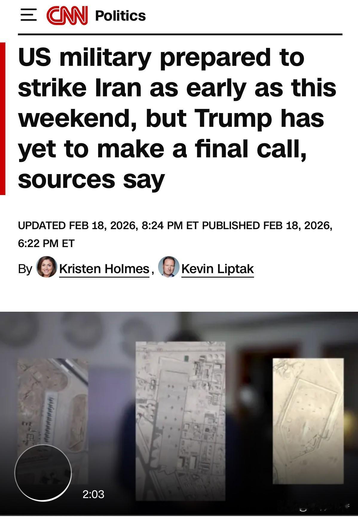 据消息人士称，美军准备最早在本周末打击伊朗，但川普尚未做出最终决定。
   该人