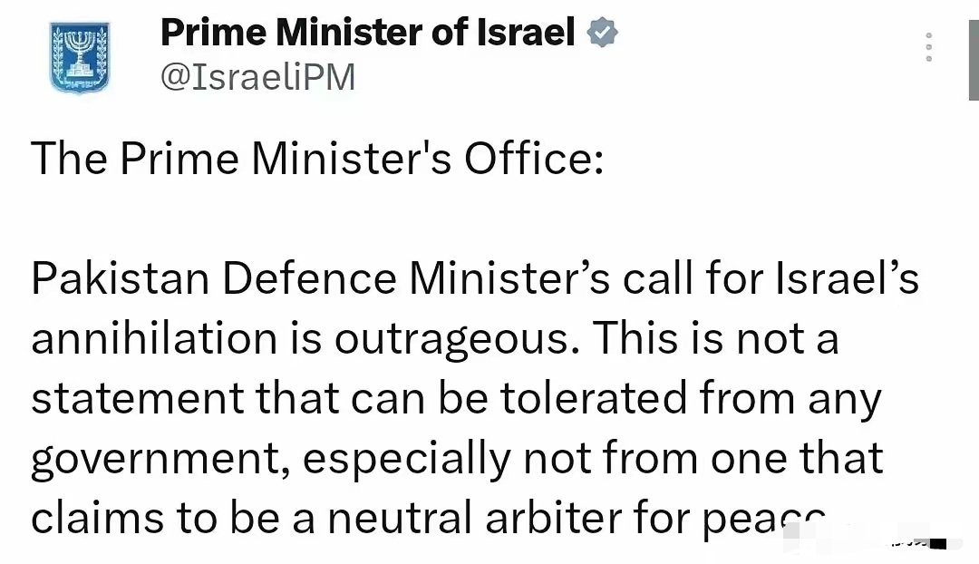 巴基斯坦国防部长：“以色列是人类的祸害和诅咒。在伊斯兰堡进行和平谈判之际，黎巴嫩