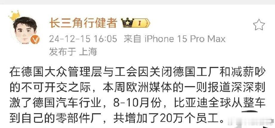 比亚迪8到10月狂增20万岗位，把德国媒体都惊到了。大众那边呢，压力大到要关厂、