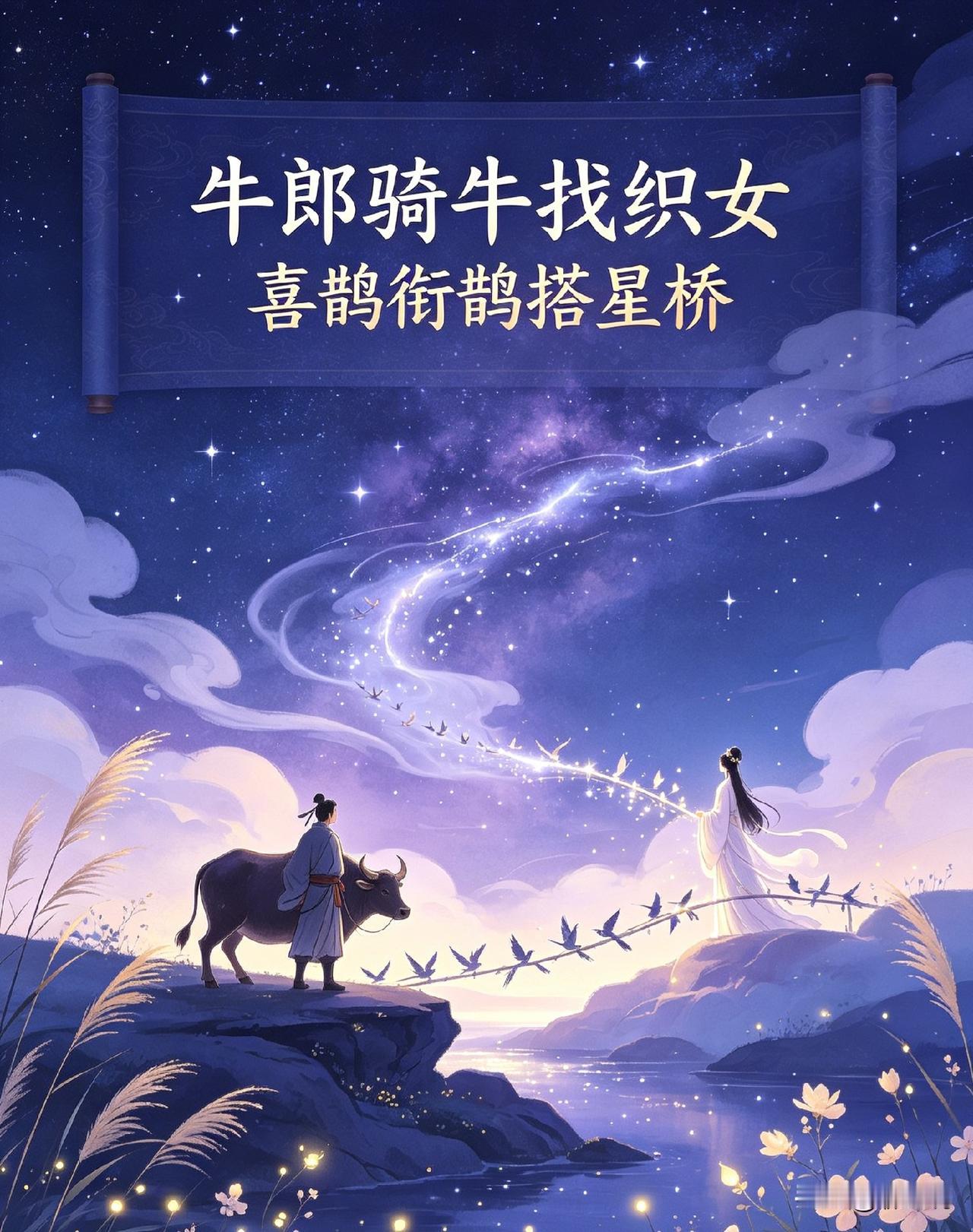 上联：牛郎骑牛找织女
下联：喜鹊衔鹊搭星桥
横批：情归长路
 
世人谈及七夕，大