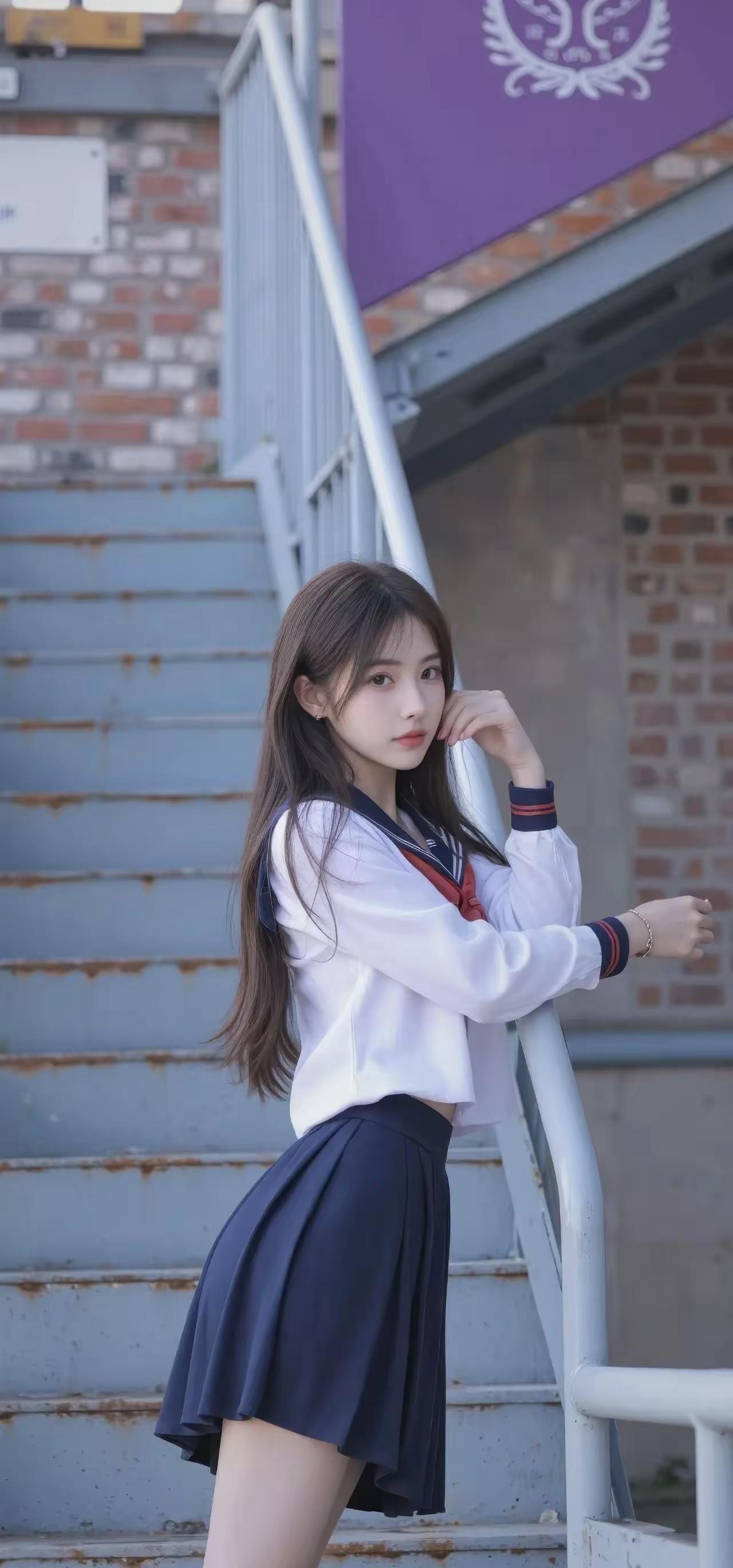 青春校园风，少女在楼梯上，甜美可爱，快来打卡！📸💕