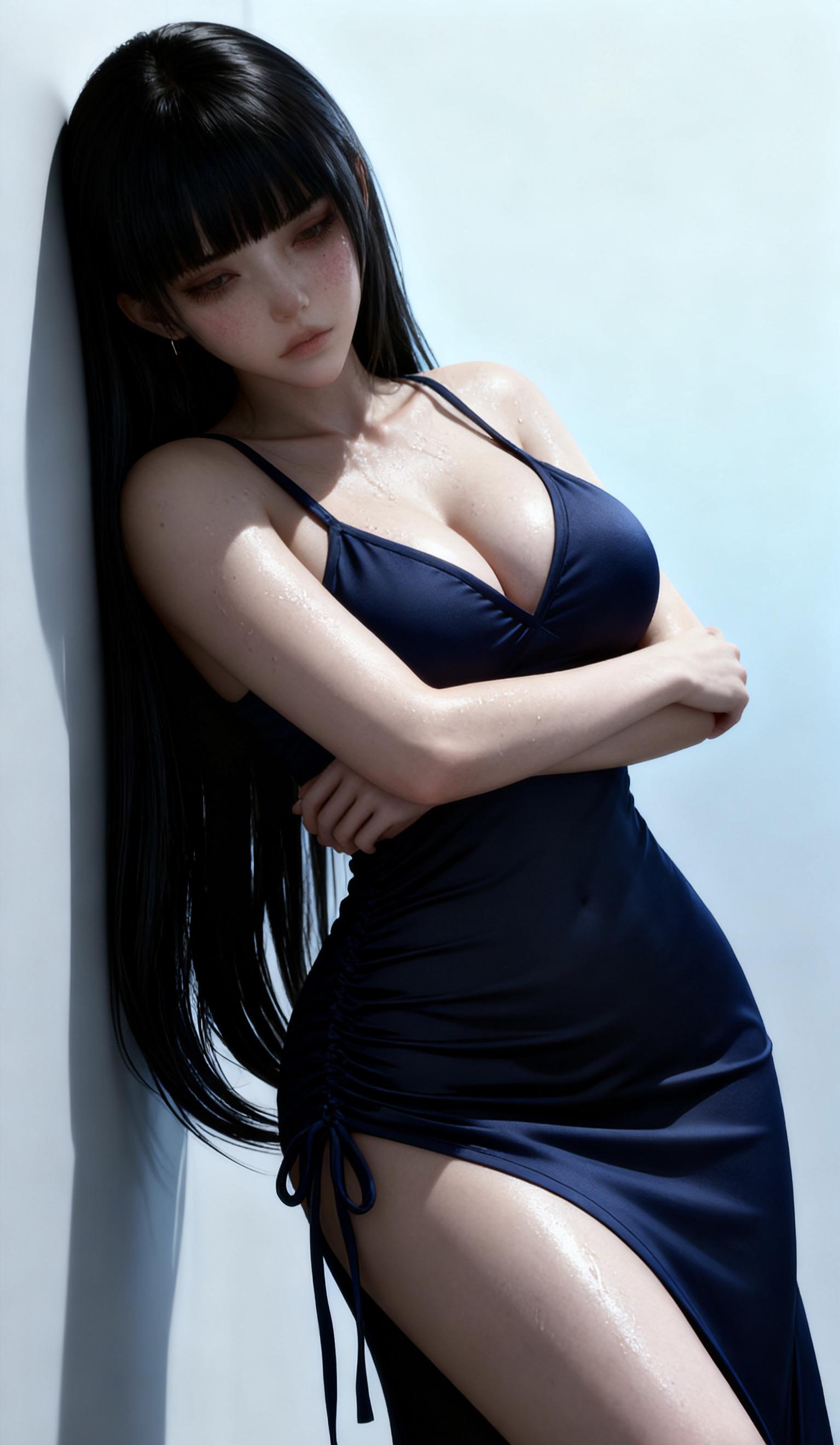 深蓝长裙下的温柔，是夏日里的一抹清凉，也是藏在光与影之间的心动。