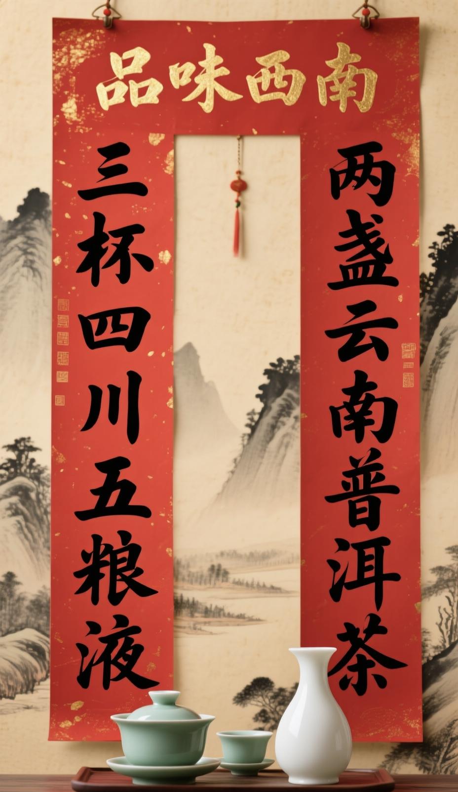 上联：三杯四川i五粮液
下联：两盏云南普洱茶
横批：品味西南
