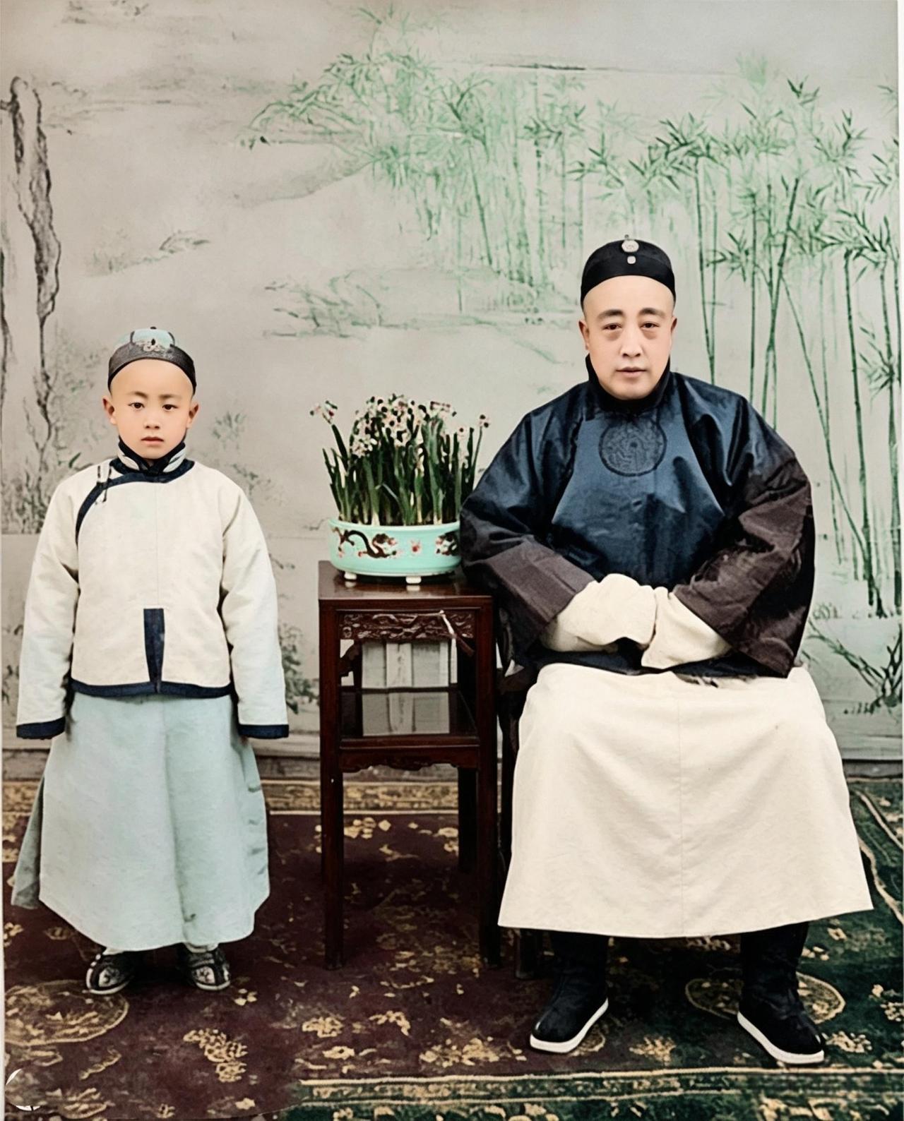 这是小溥儒像个小大人模样恭恭敬敬地站在父亲载滢旁边。载滢壮年得溥儒，自幼喜爱这个