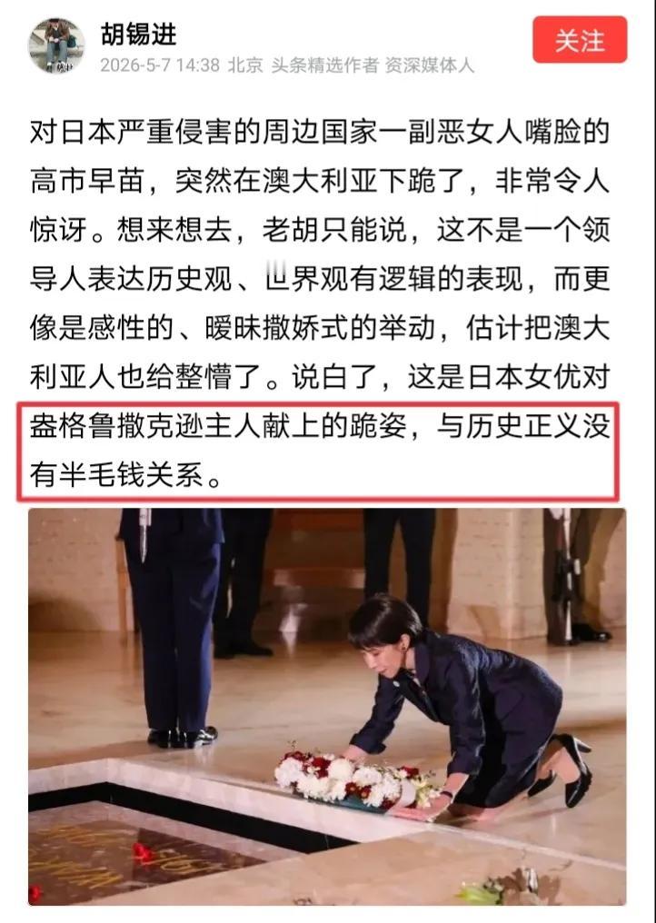 胡锡进竟然表示高市早苗下跪“与历史正义没半毛钱关系”，这是怎么回事呢？
原来近期
