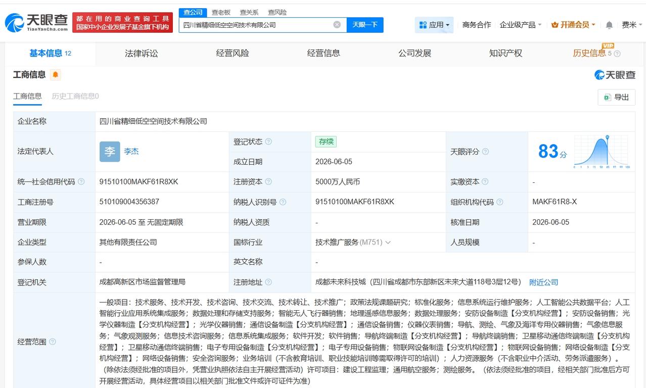 四川发展等成立精细低空空间技术公司 注册资本5000万
天眼查App显示，近日，