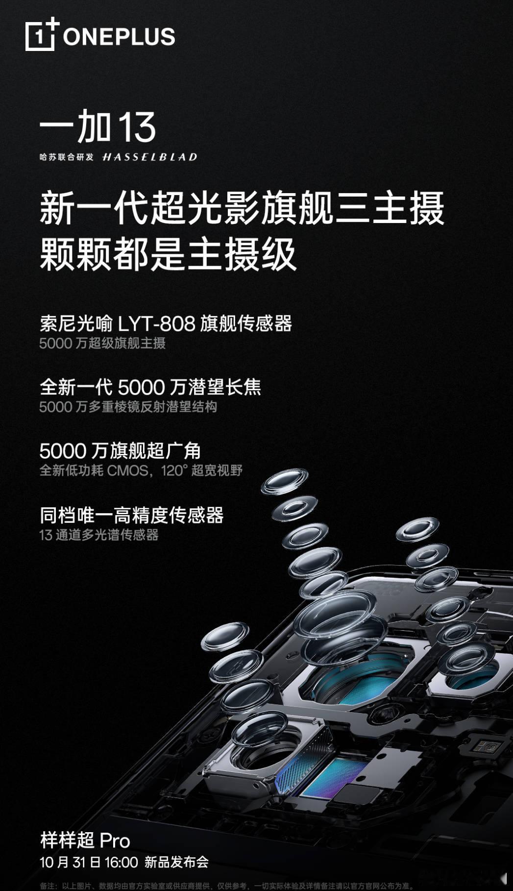 一加13相机规格：5000W主摄LYT-808；3X 潜望长焦（LYT600 1