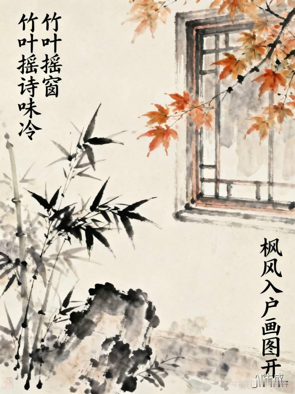 上联:竹叶摇窗诗味冷；
下联:枫风入户画图开。