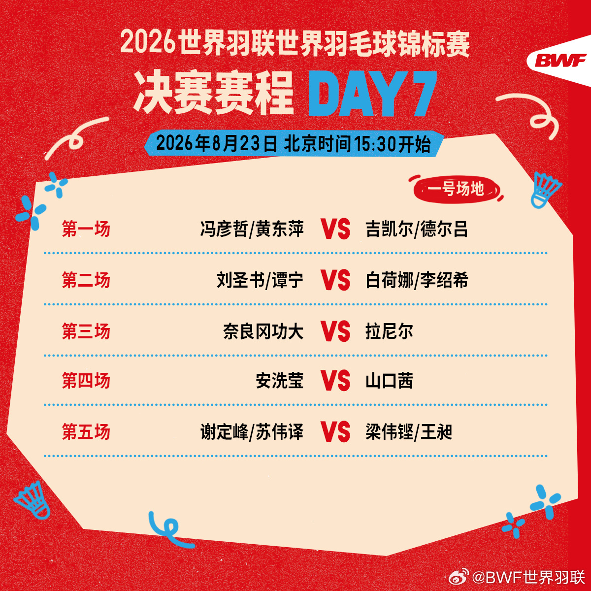 #国羽世锦赛决赛日赛程##凤凰圣坛梁王冲冠#🏸2026羽毛球世锦赛北京时间8月