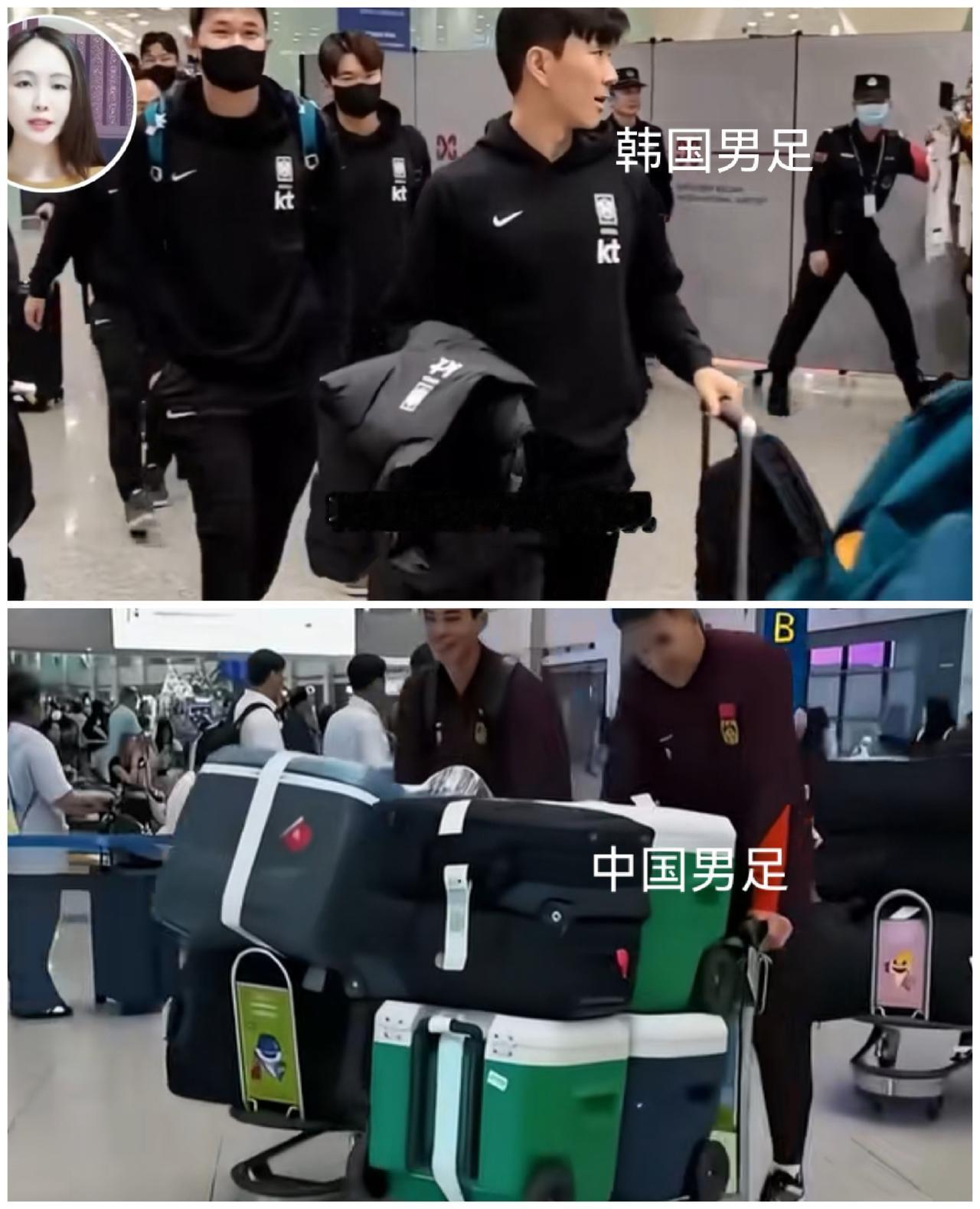 中国男足出行，大包小包的里面都带着什么？
而韩国男足一人只有一个挎肩包……
[机