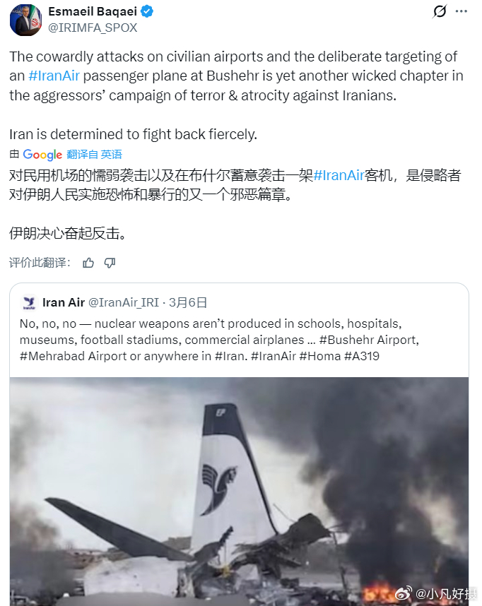 伊朗外交部发言人：对民用机场的懦弱袭击以及在布什尔蓄意袭击一架客机，是侵略者对伊