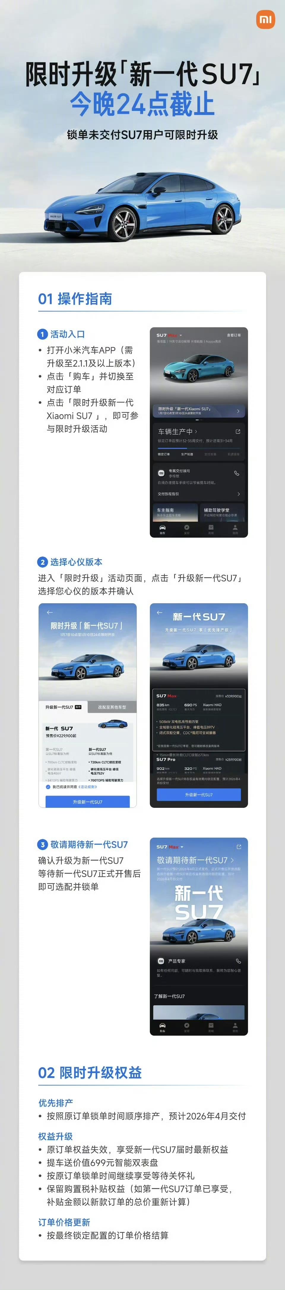 小米汽车：锁单未交付 SU7 用户限时升级新一代今晚 24 点截止】小米汽车提示