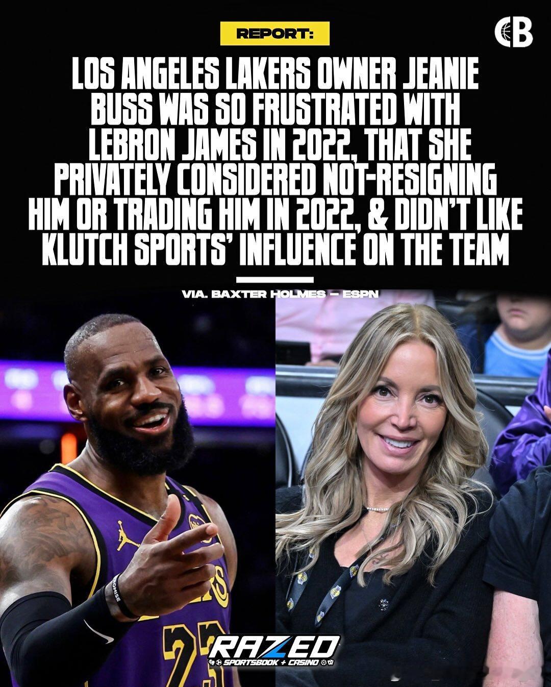 据ESPN记者Baxter Holmes报道，洛杉矶湖人老板珍妮·巴斯据称私下抱