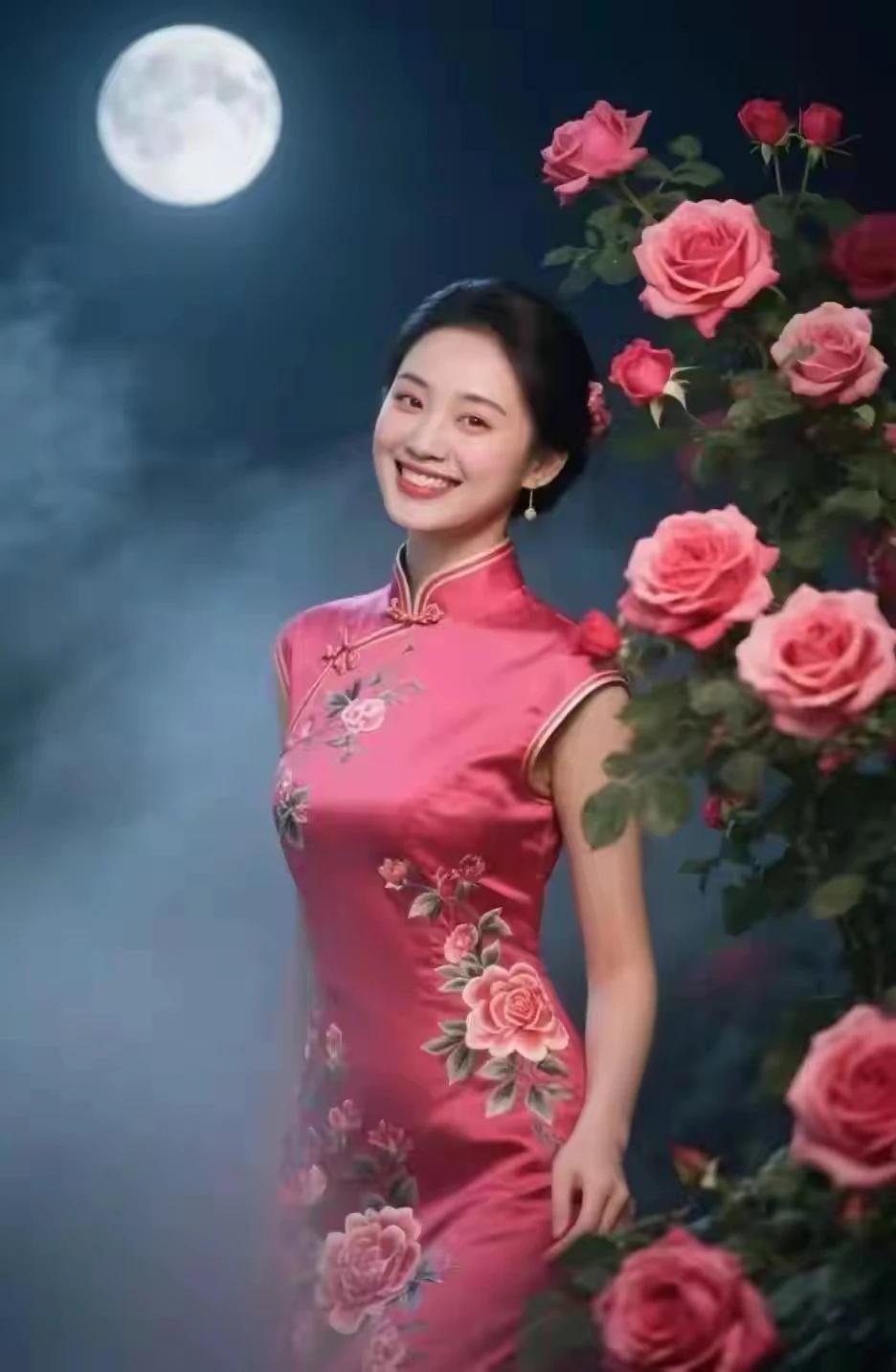 东方古韵，文化传承。
月光之下，旗袍美女
玫瑰多彩，千娇百媚。
蕙质兰心，秀外慧