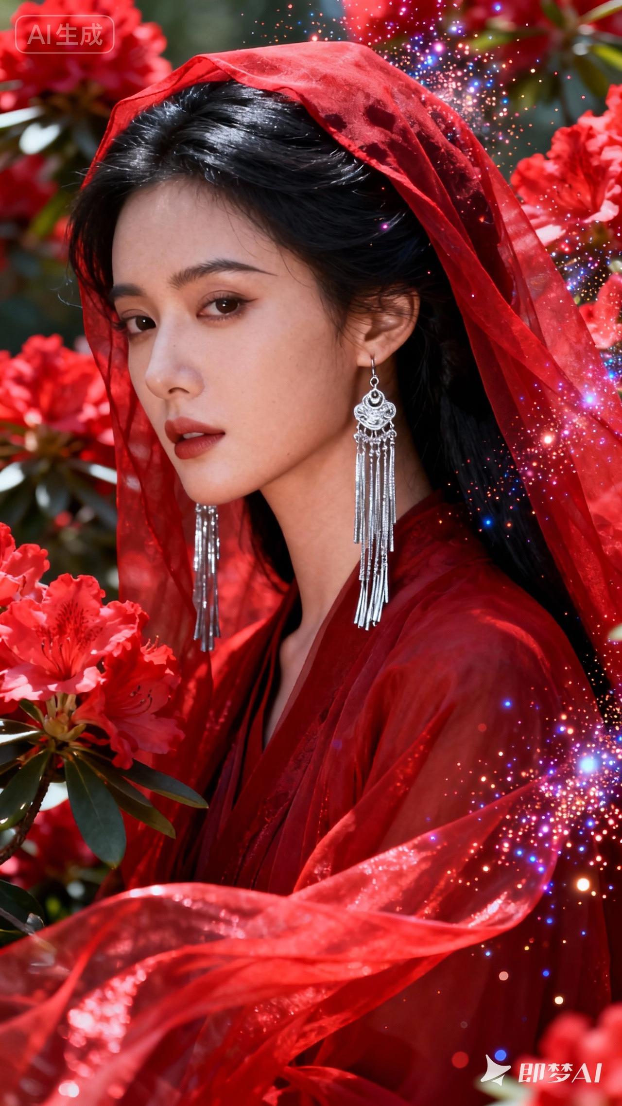 红衣美人倚花丛，仙气缭绕似画中。