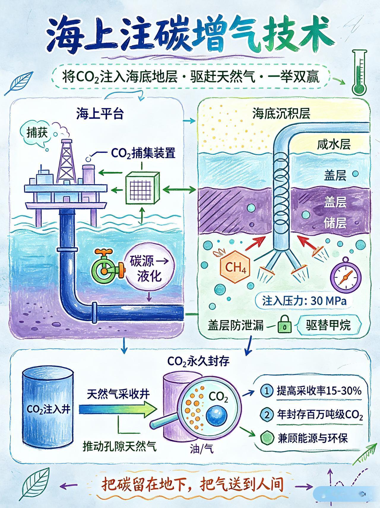 海上注碳增气技术，是将捕集的CO₂注入海底油气储层，利用CO₂驱替孔隙中的天然气