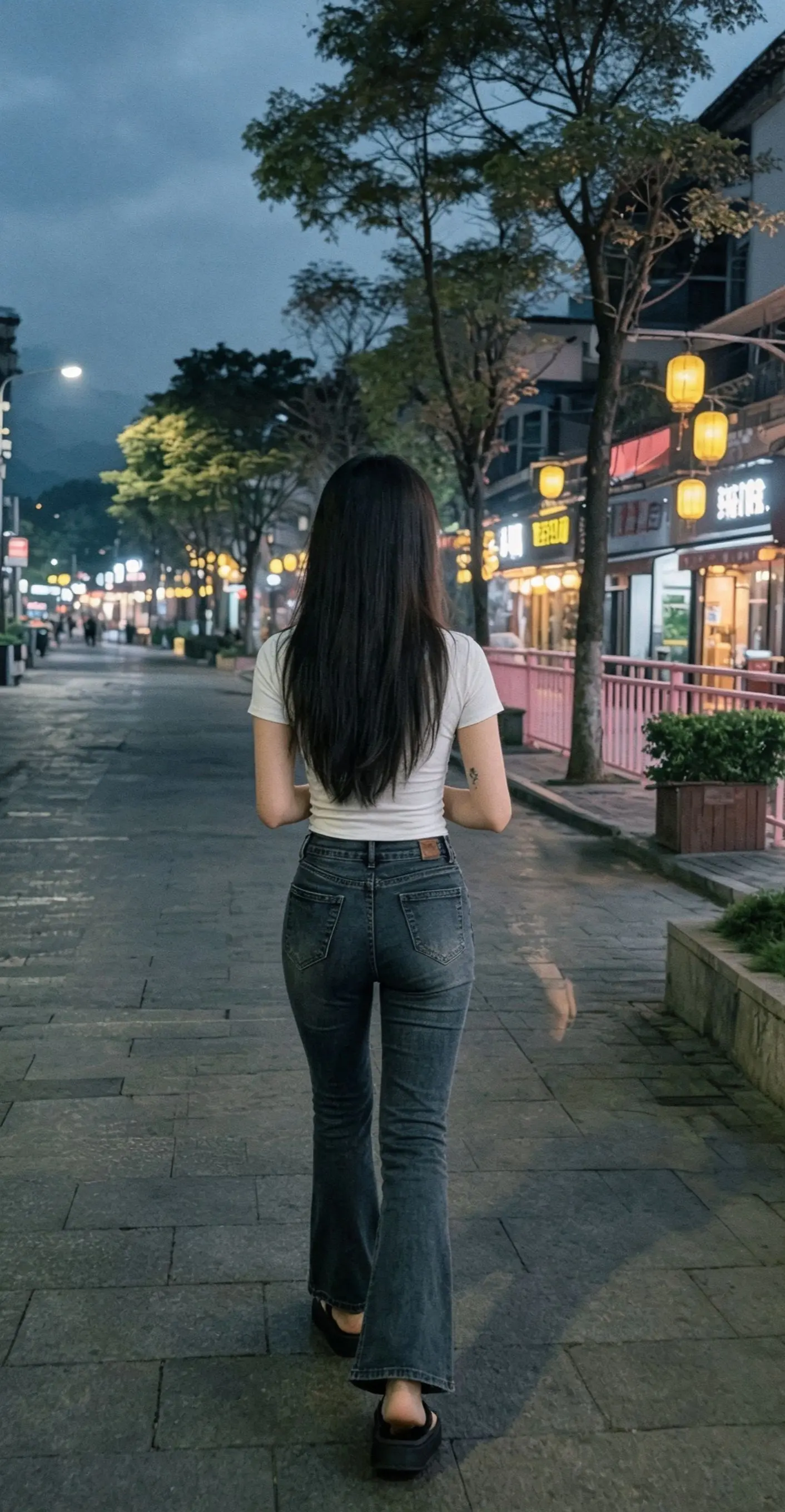 AI复古湖边背影 ai创作 紧身牛仔裤背影 夜晚背影随拍