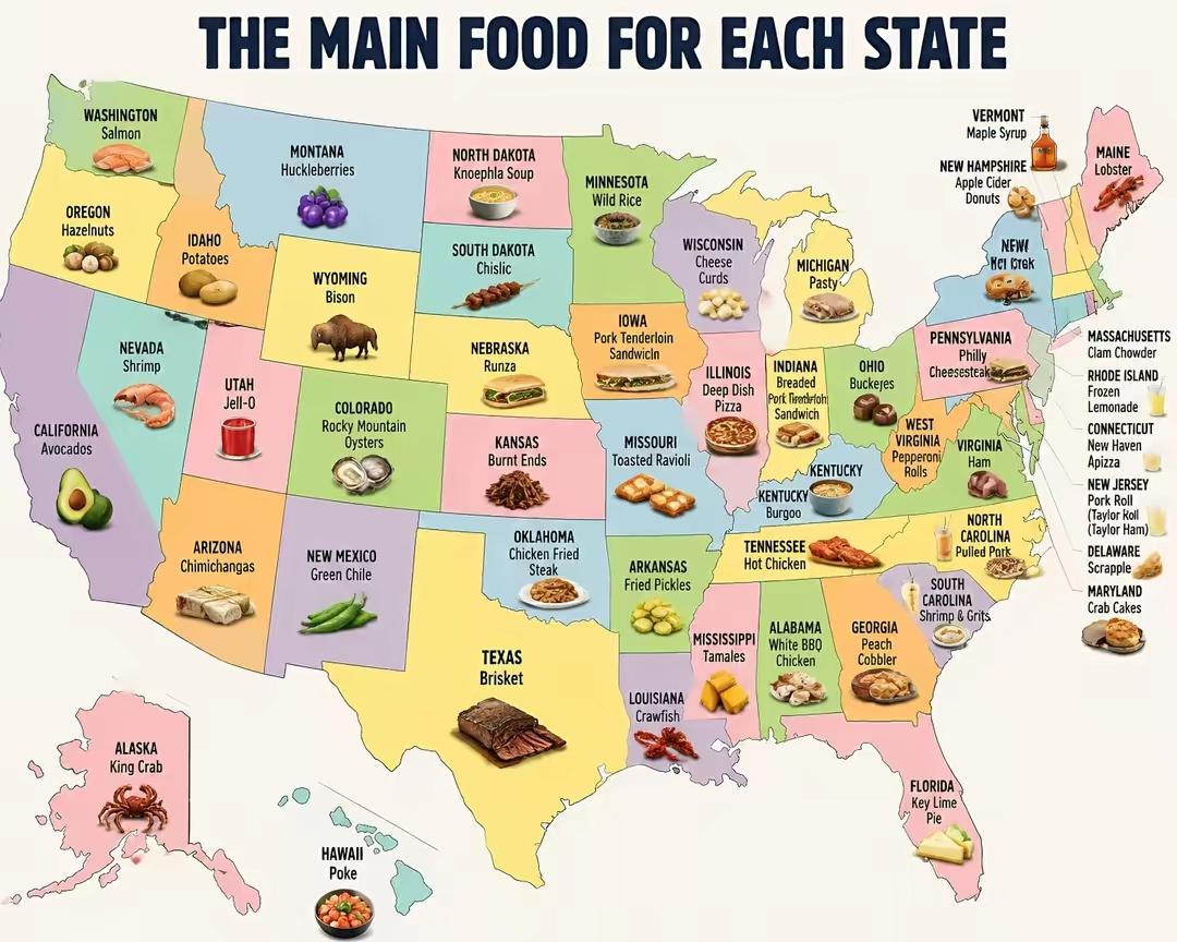美国人的饮食更复杂，真是一方水土养一方人，一张图看懂美国50个州专属招牌美食！