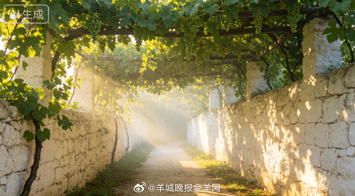 #早安# 晨光照进夏末的葡萄架，叶隙间漏下细碎光斑，风一吹，便在石墙上轻轻晃动。