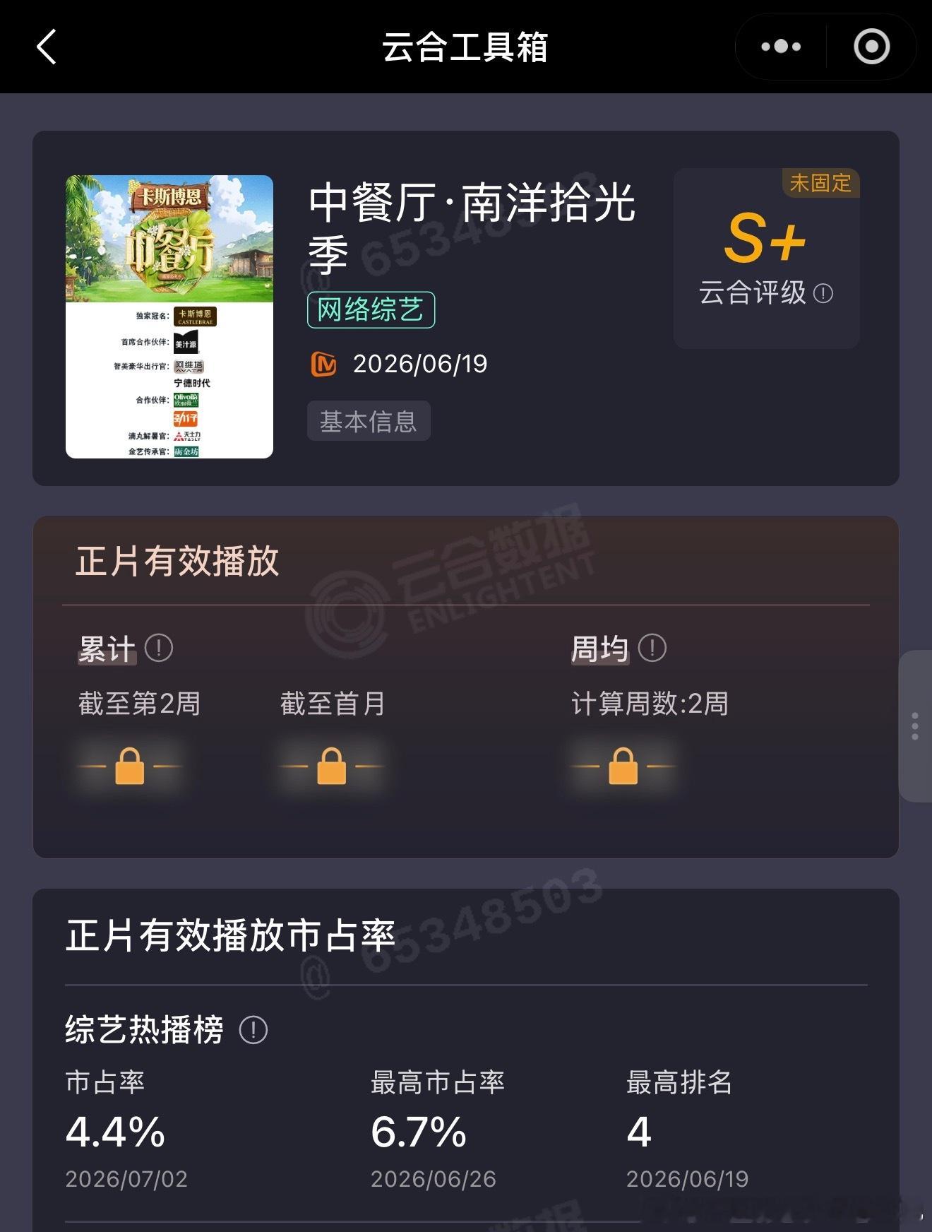 🥭«中餐厅10»云合评级开启，评级S+级综艺，To B 广告招商、To C 播