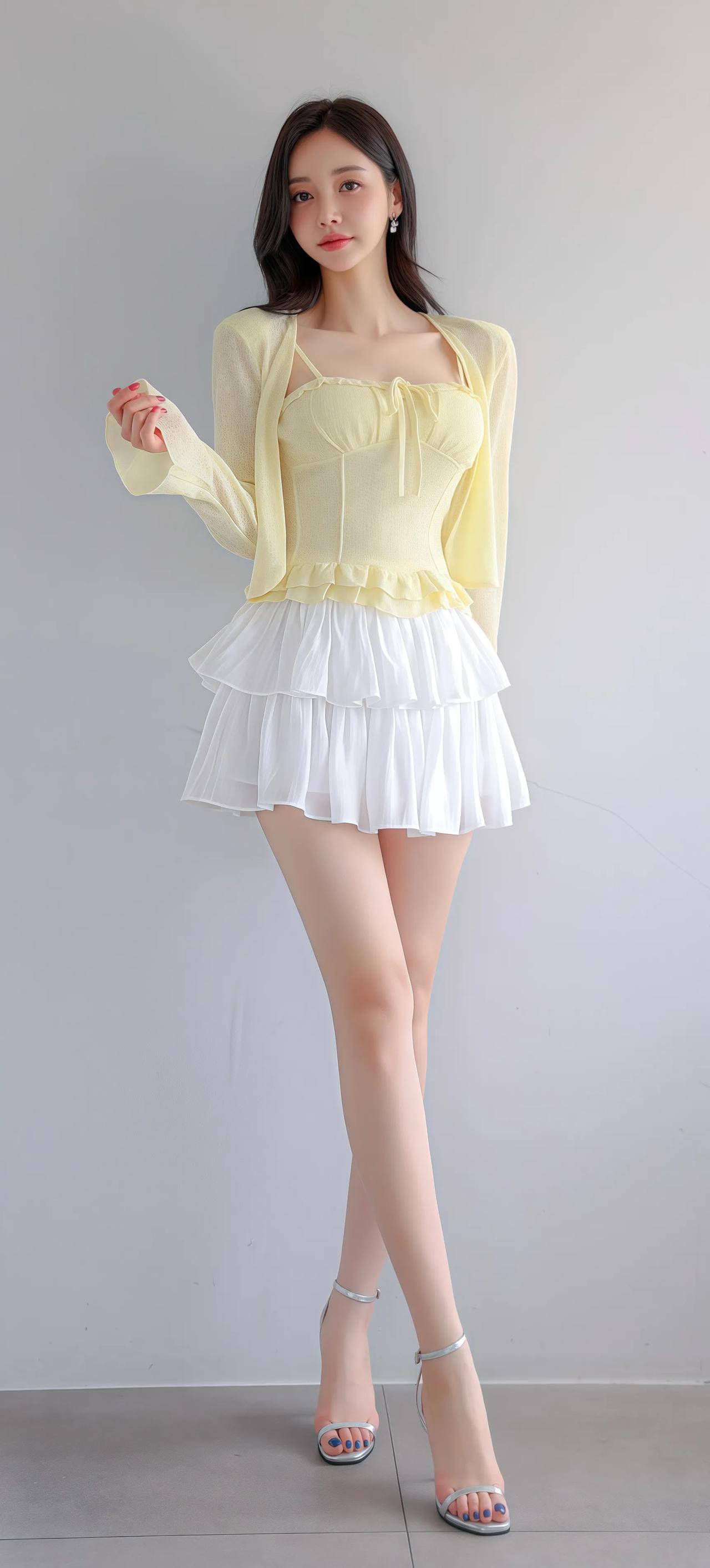 清新甜美风穿搭，黄色上衣搭配白色百褶裙，夏日必备！🌞👗👠