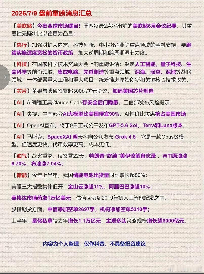 7.09周四  盘前：财经消息汇总！1.美联储会议纪要2.科学技术奖励大会3.储
