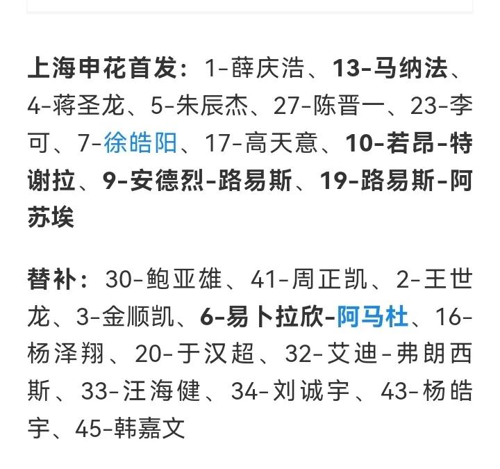 申花首发出炉！吴曦伤停！徐皓阳顶替！可以看出吴曦的确伤了！斯卢茨基也别无选择！好