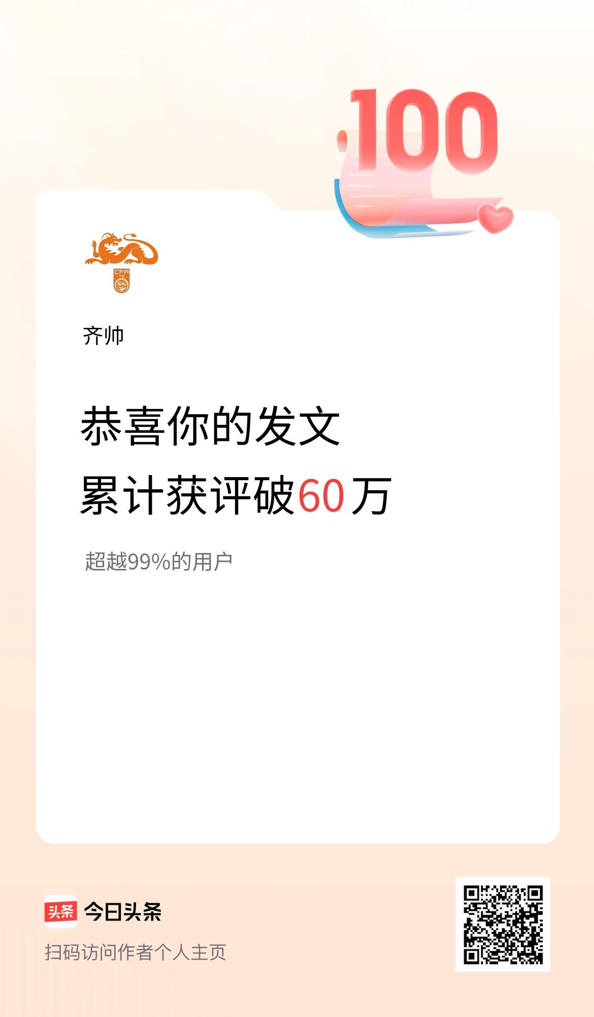   我在头条累计获评论量破60万啦！